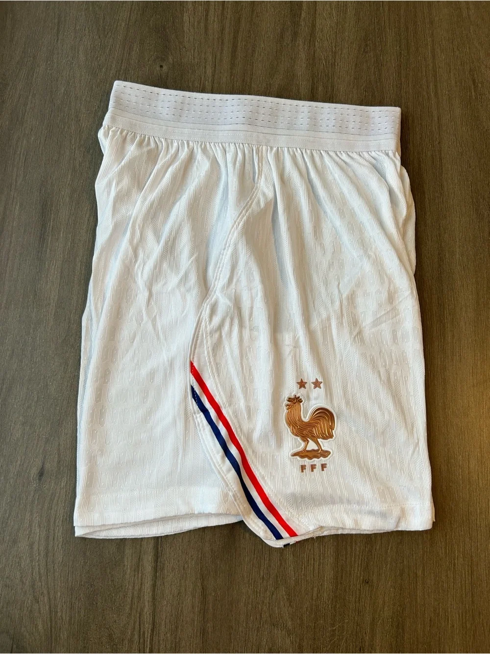Nike Men’s White Soccer Shorts with Navy and Gold Accents (No. 10)